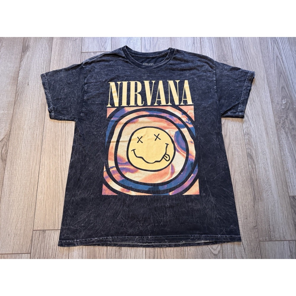 Nirvana‎ Smiley Face Graphic T-Shirt Mens Large Black Mineral Wash Band Tee